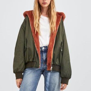 ZARA REVERSIBLE BOMBER JACKET FAUX FUR HOOD